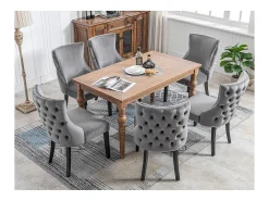 Silla de comedor de 1,2 m de terciopelo gris con botones capitoné y estructura de madera maciza, color gris (juego de 6)