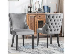 Silla de comedor de 1,2 m de terciopelo gris con botones capitoné y estructura de madera maciza, color gris (juego de 6)