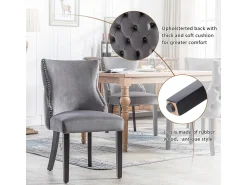 Silla de comedor de 1,2 m de terciopelo gris con botones capitoné y estructura de madera maciza, color gris (juego de 2)