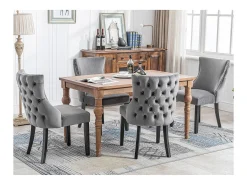Silla de comedor de 1,2 m de terciopelo gris con botones capitoné y estructura de madera maciza, color gris (juego de 4)