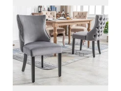 Silla de comedor de 1,2 m de terciopelo gris con botones capitoné y estructura de madera maciza, color gris (juego de 4)