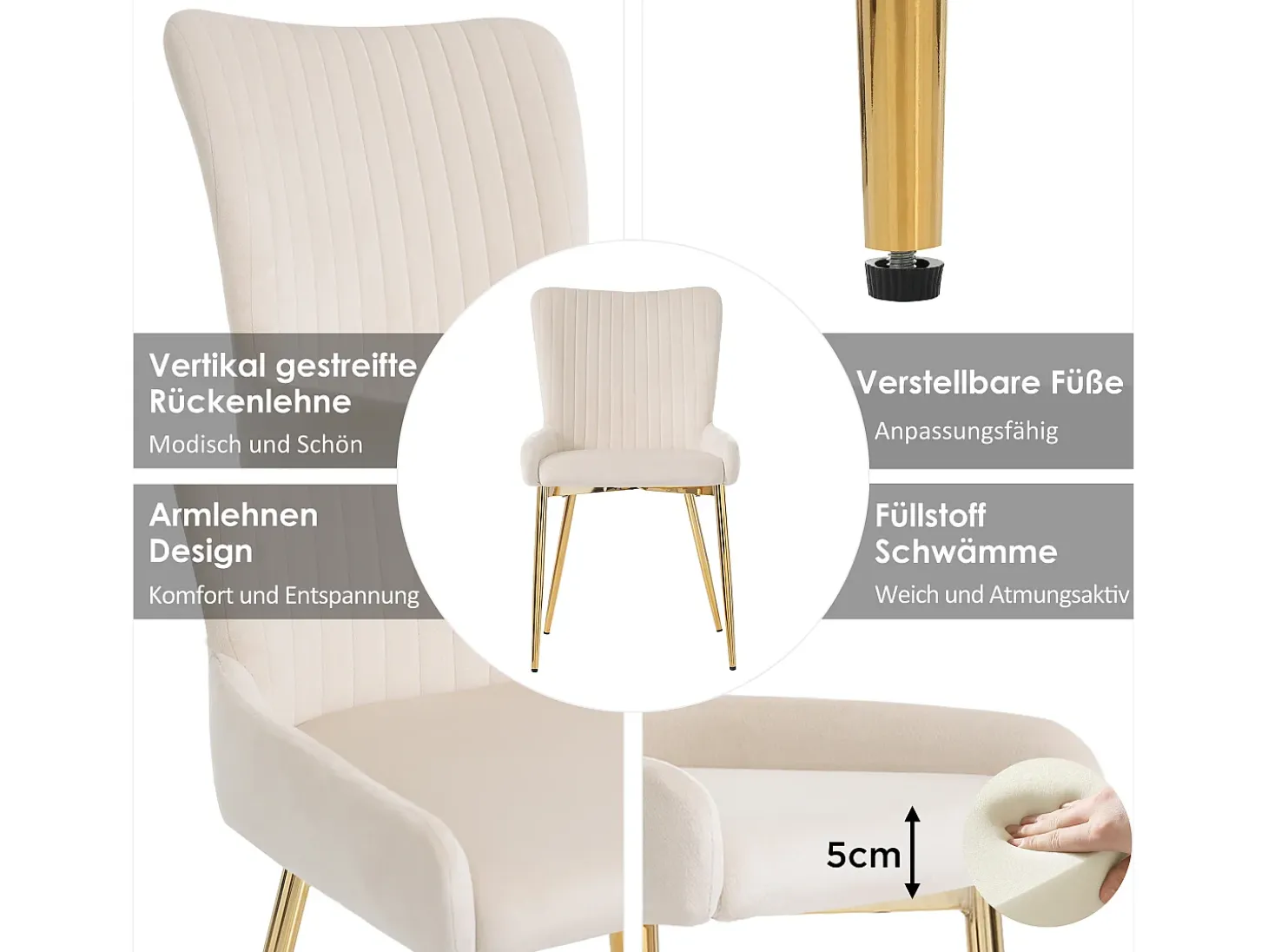 Silla de comedor de 2 piezas de terciopelo beige con patas de metal dorado y soporte lumbar (74x58x48 cm)