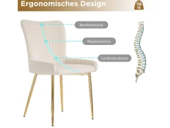 Silla de comedor de 2 piezas de terciopelo beige con patas de metal dorado y soporte lumbar (74x58x48 cm)