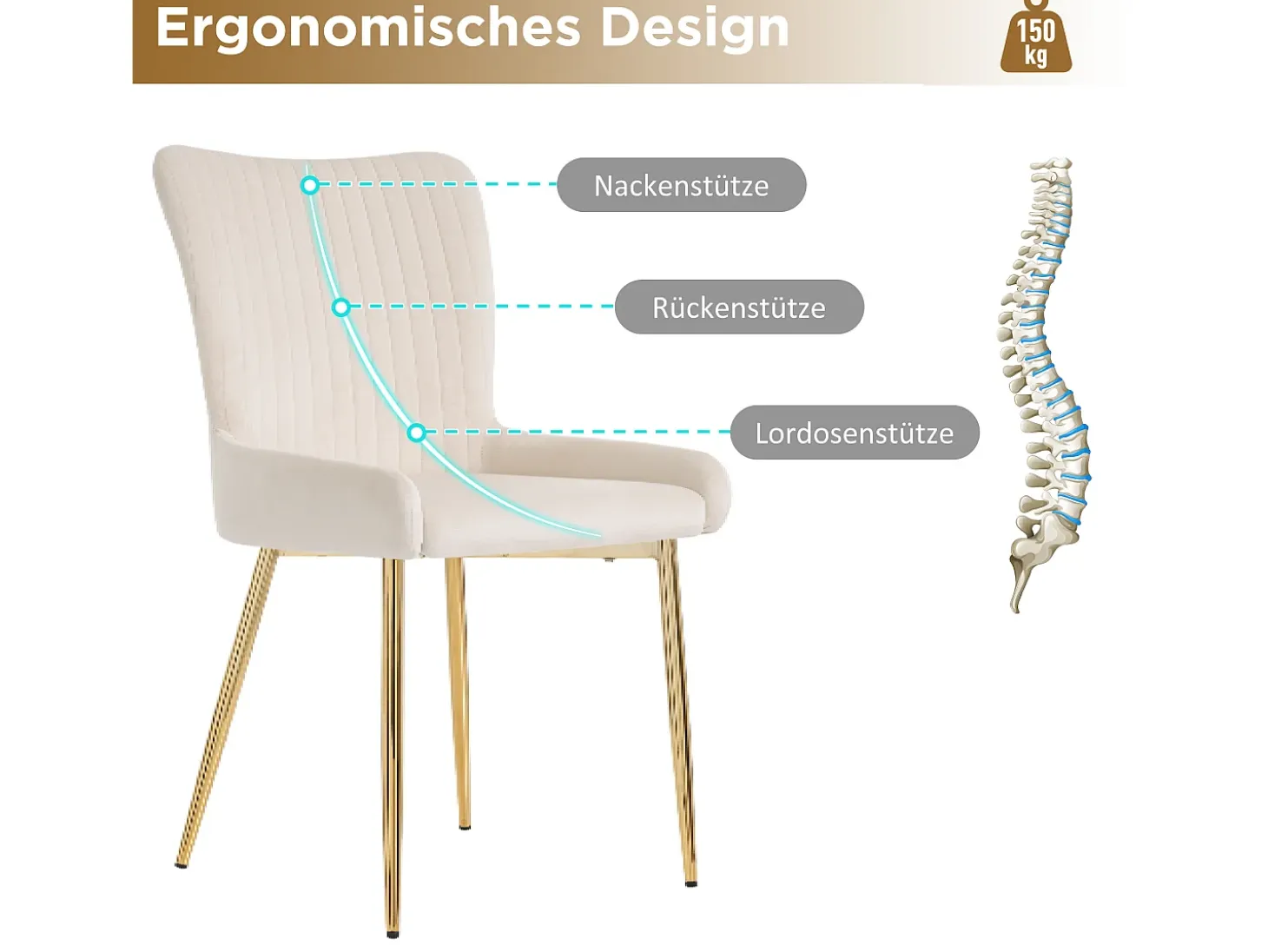 Silla de comedor de 2 piezas de terciopelo beige con patas de metal dorado y soporte lumbar (74x58x48 cm)