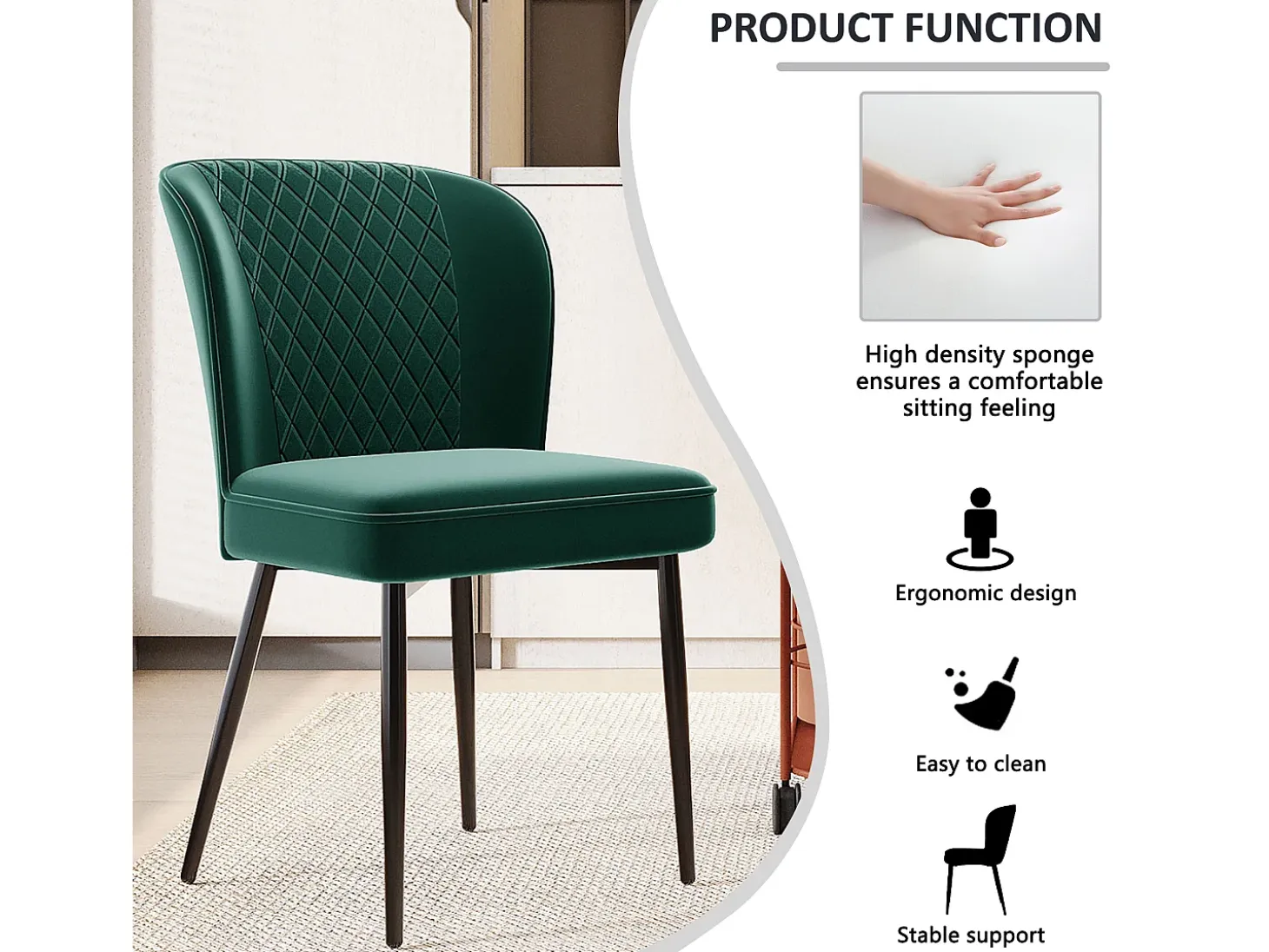 Silla de comedor de diseño, 4 sillas de terciopelo verde con respaldo, asiento de terciopelo, patas de metal (47x43x86 cm)