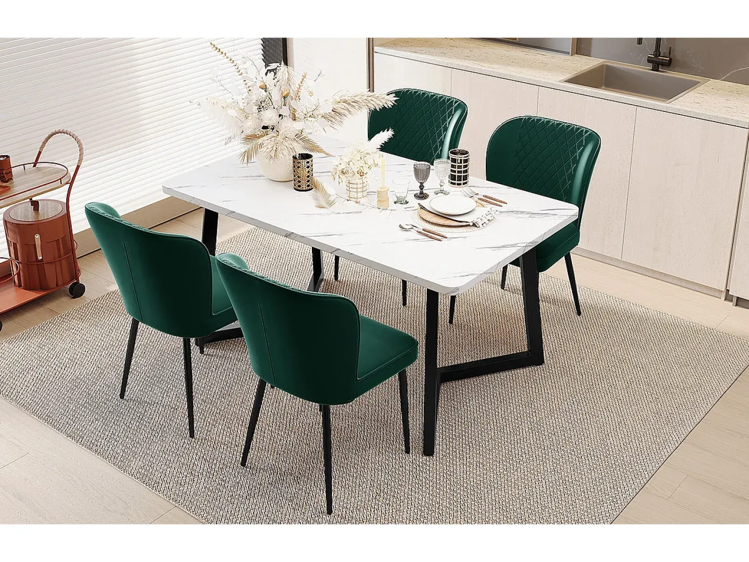 Silla de comedor de diseño, 4 sillas de terciopelo verde con respaldo, asiento de terciopelo, patas de metal (47x43x86 cm)