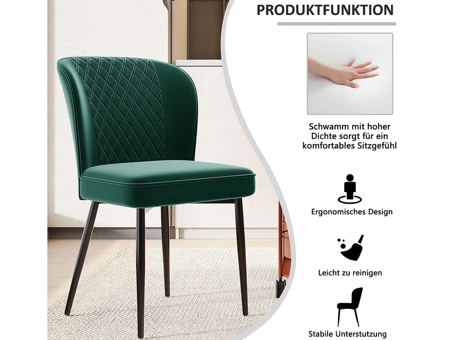 Silla de comedor de diseño, 4 sillas de terciopelo verde con respaldo, asiento de terciopelo, patas de metal (47x43x86 cm)