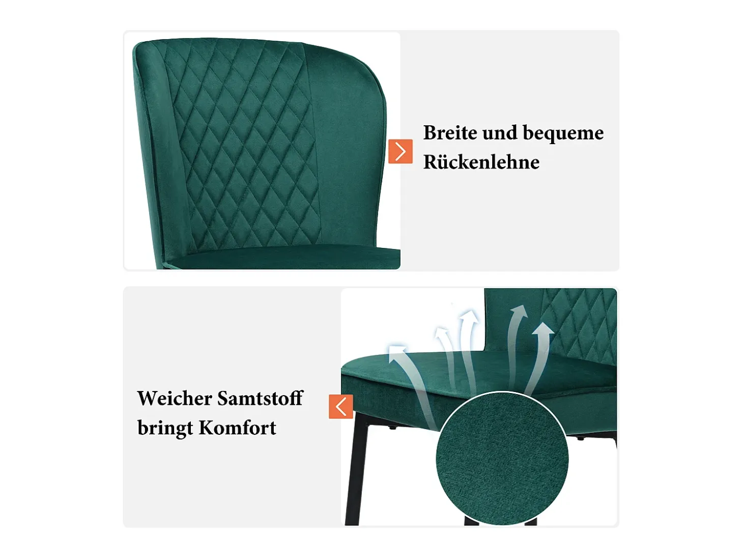 Silla de comedor de diseño, 4 sillas de terciopelo verde con respaldo, asiento de terciopelo, patas de metal (47x43x86 cm)