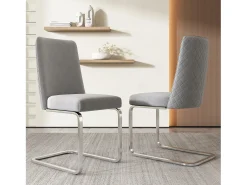 Silla de comedor de dos piezas de terciopelo de diseño de lujo con respaldo de diamante y patas de metal plateado, gris (47 x 47 x 90 cm)