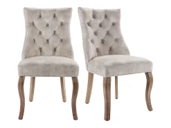 Silla de comedor de terciopelo beige, respaldo alto, botones, patas de madera maciza (51 x 57 x 100 cm)