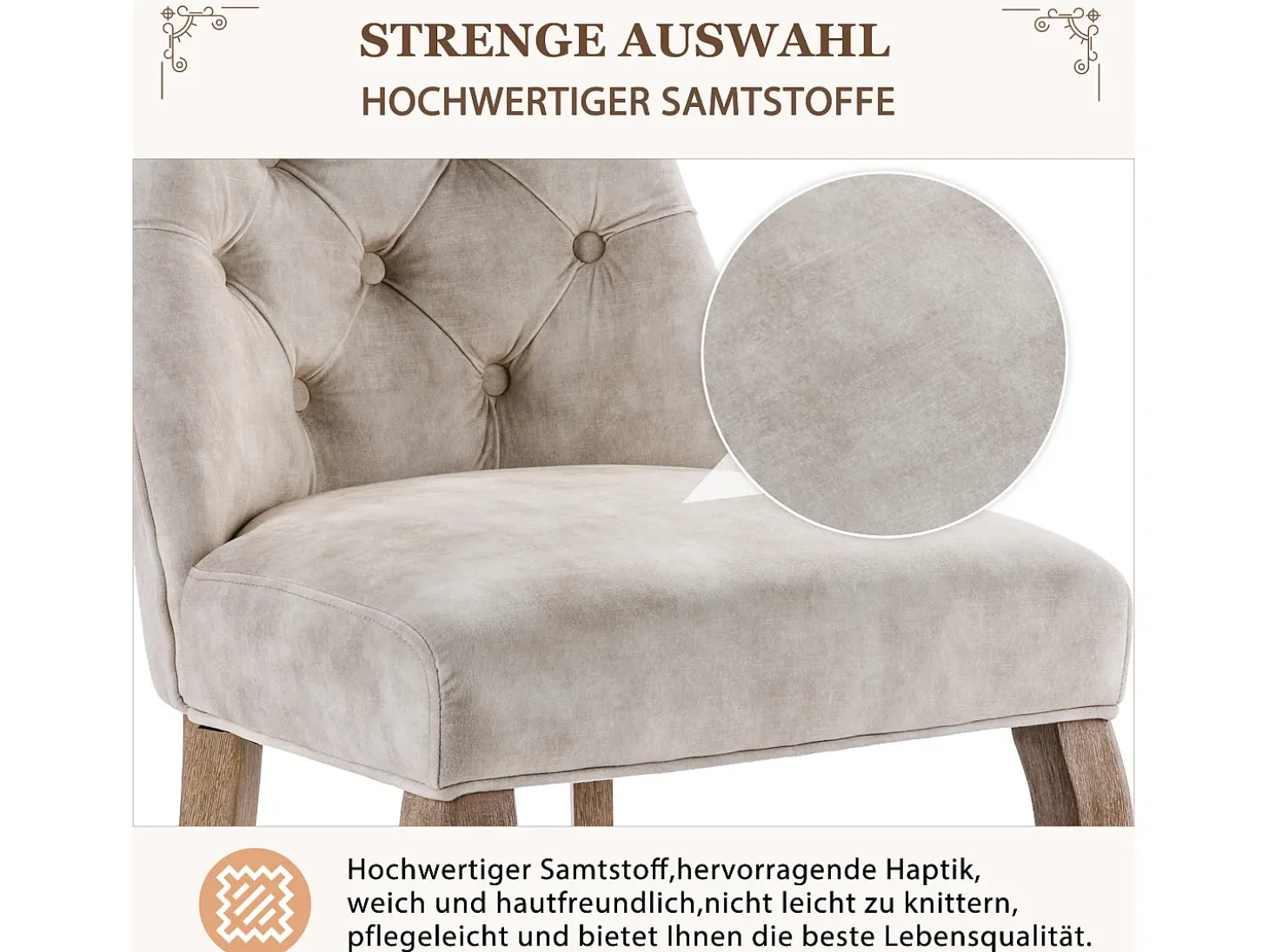 Silla de comedor de terciopelo beige, respaldo alto, botones, patas de madera maciza (51 x 57 x 100 cm)