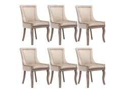 Silla de comedor de terciopelo beige con patas de madera maciza, diseño elegante con clavos decorativos (55x61x91 cm)