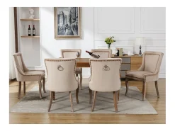 Silla de comedor de terciopelo beige con patas de madera maciza, diseño elegante con clavos decorativos (55x61x91 cm)