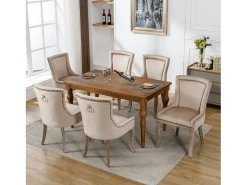 Silla de comedor de terciopelo beige con patas de madera maciza, diseño elegante con clavos decorativos (55x61x91 cm)