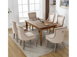 Silla de comedor de terciopelo beige con patas de madera maciza, diseño elegante con clavos decorativos (55x61x91 cm)