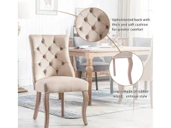 Silla de comedor de terciopelo beige con respaldo alto y botones, estructura de madera maciza, juego de 4 (53 x 61 x 91 cm)