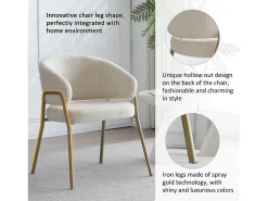 Silla de comedor de terciopelo blanco, diseño moderno, respaldo perforado, patas de metal dorado (49x48x78 cm)