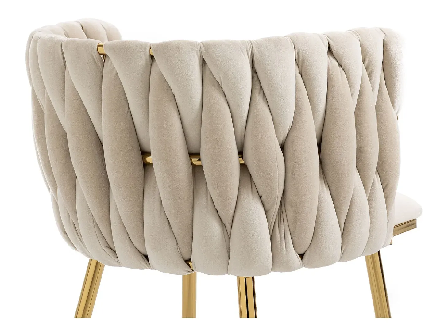 Silla de comedor de terciopelo, respaldo trenzado de medio arco, patas de metal dorado – marfil