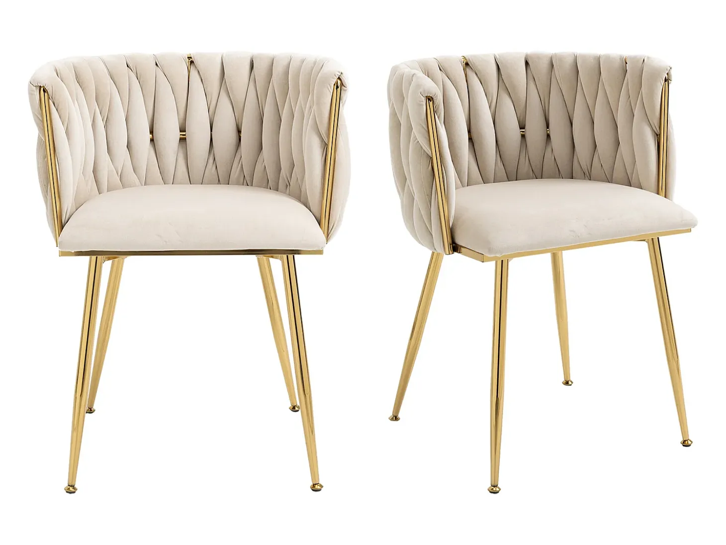 Silla de comedor de terciopelo, respaldo trenzado de medio arco, patas de metal dorado – marfil