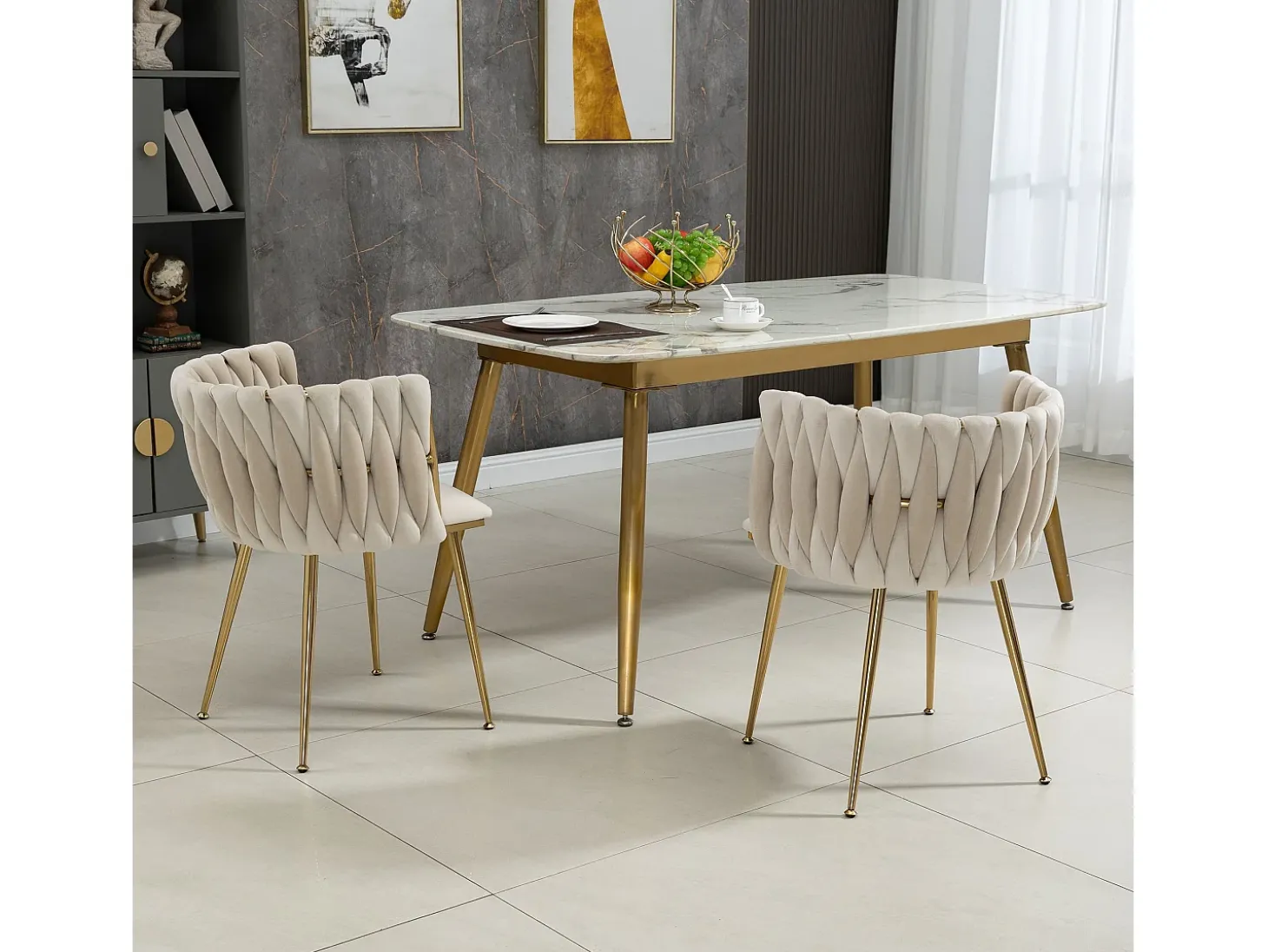Silla de comedor de terciopelo, respaldo trenzado de medio arco, patas de metal dorado – marfil