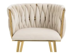 Silla de comedor de terciopelo, respaldo trenzado de medio arco, patas de metal dorado – marfil