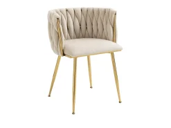 Silla de comedor de terciopelo, respaldo trenzado de medio arco, patas de metal dorado – marfil