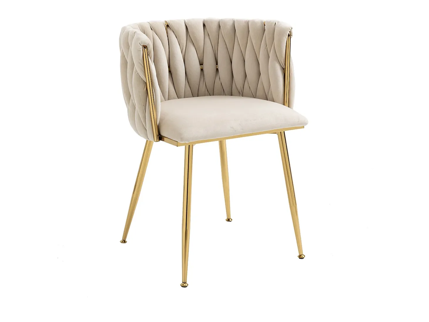 Silla de comedor de terciopelo, respaldo trenzado de medio arco, patas de metal dorado – marfil