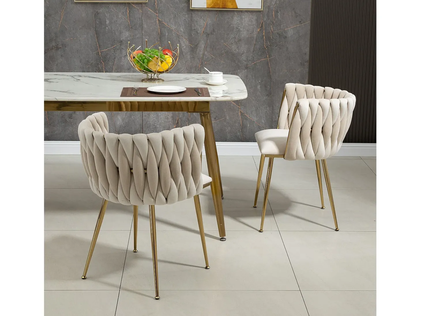 Silla de comedor de terciopelo, respaldo trenzado de medio arco, patas de metal dorado – marfil