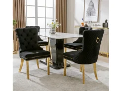 Silla de comedor de terciopelo, clavos decorativos, patas de acero inoxidable dorado, Negro/Dorado (50,5x45x95 cm)