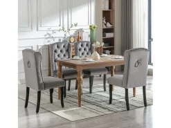 Silla de comedor de terciopelo, juego de 2 piezas, patas de roble, botones y tachuelas de metal, gris (L 61 x An 45 x Al 100 cm)