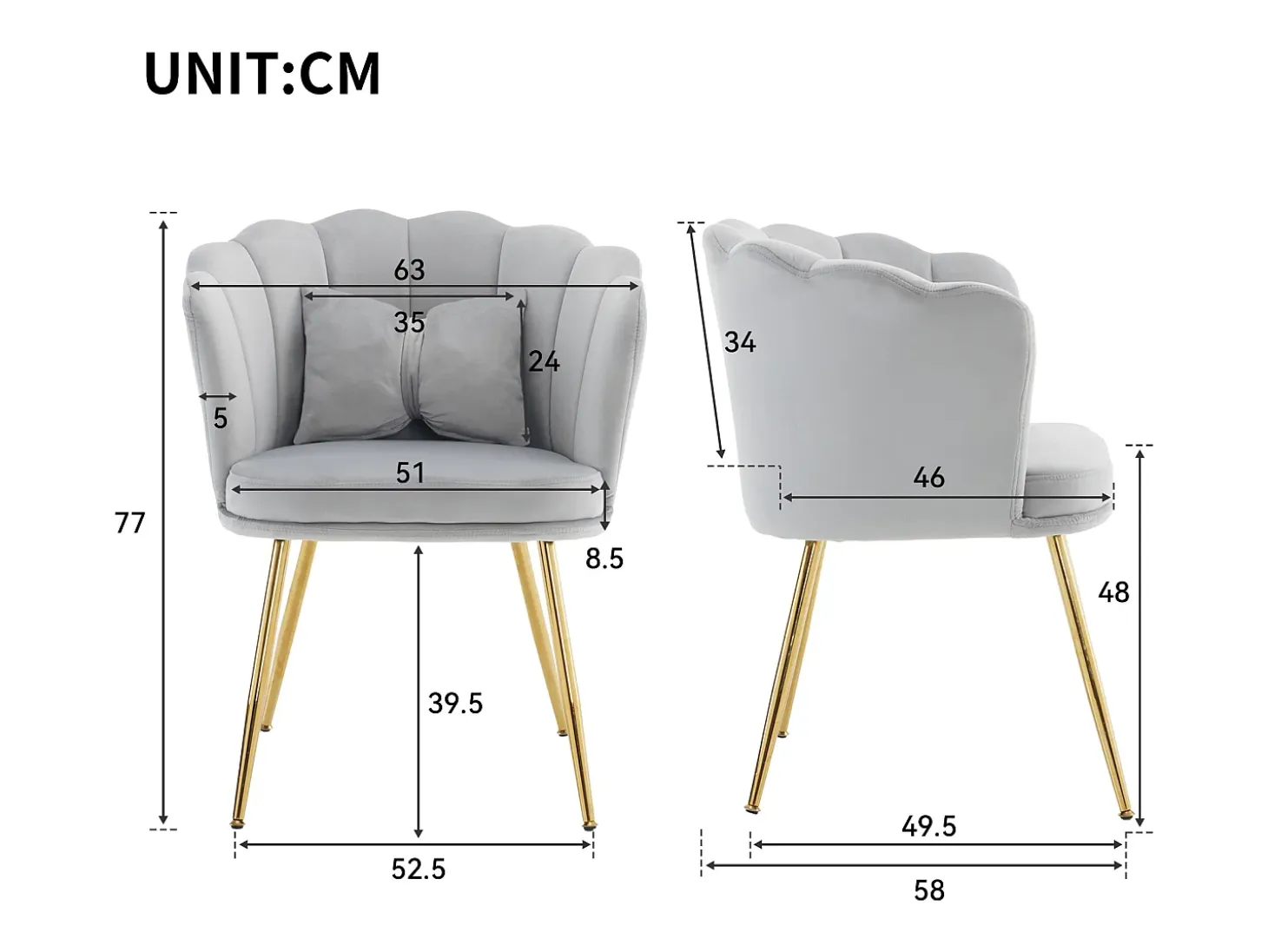 Silla de comedor de terciopelo con respaldo capitoné y patas de metal dorado – gris