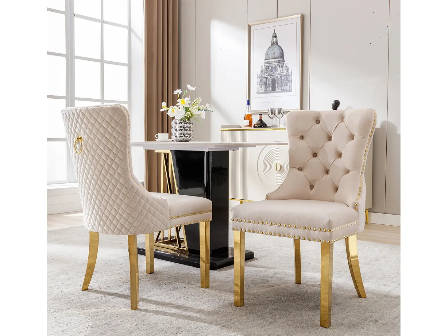 Silla de comedor de terciopelo, clavos decorativos, patas de acero inoxidable dorado, beige/dorado (50,5x45x95 cm)