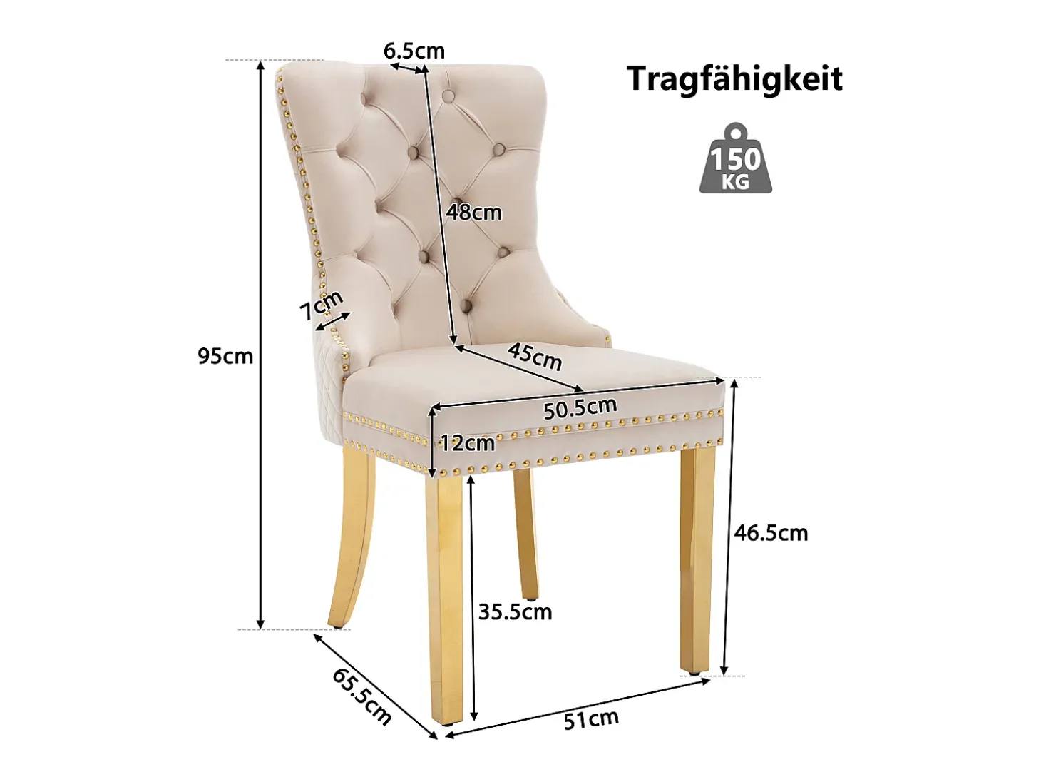 Silla de comedor de terciopelo, clavos decorativos, patas de acero inoxidable dorado, beige/dorado (50,5x45x95 cm)