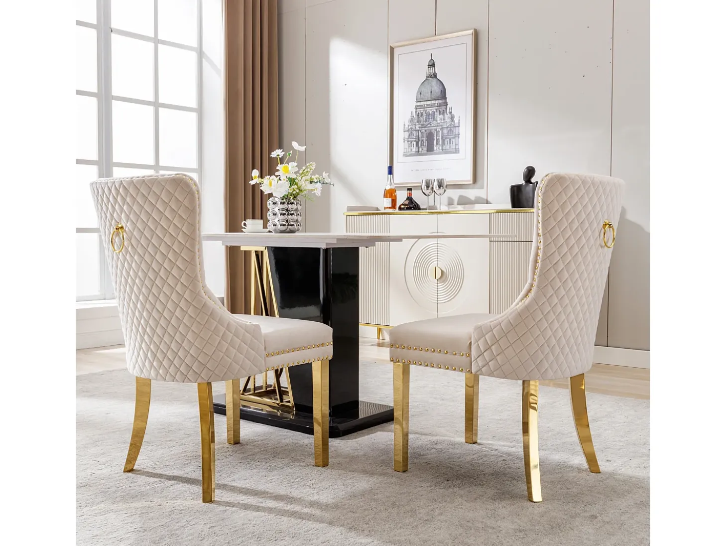 Silla de comedor de terciopelo, clavos decorativos, patas de acero inoxidable dorado, beige/dorado (50,5x45x95 cm)