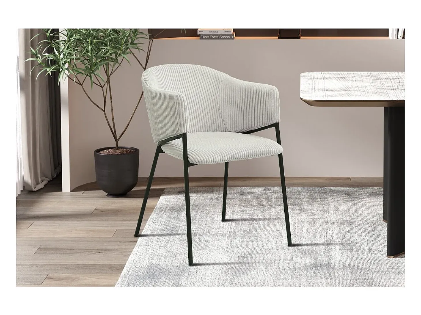 Silla de comedor IMANY – Terciopelo acanalado gris claro – Reposabrazos – Patas de metal negro – Estilo diseño / industrial