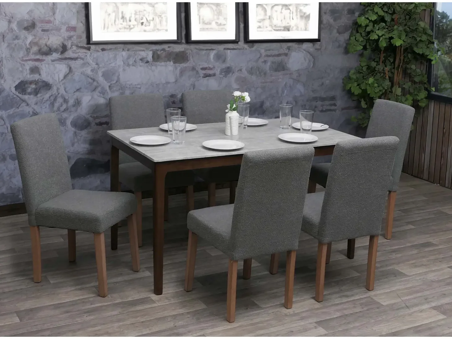 Silla de comedor Littau bouclé (set de 4), gris, patas color natural