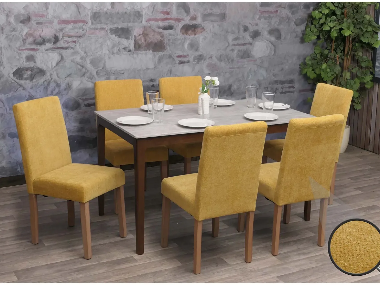 Silla de comedor Littau de chenilla (juego de 6), amarillo, patas color natural