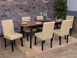 Silla de comedor Littau (juego de 6), cuero, crema, patas oscuras