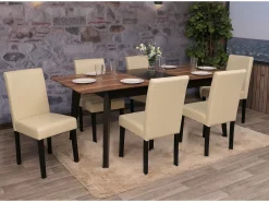 Silla de comedor Littau (juego de 6), cuero, crema, patas oscuras