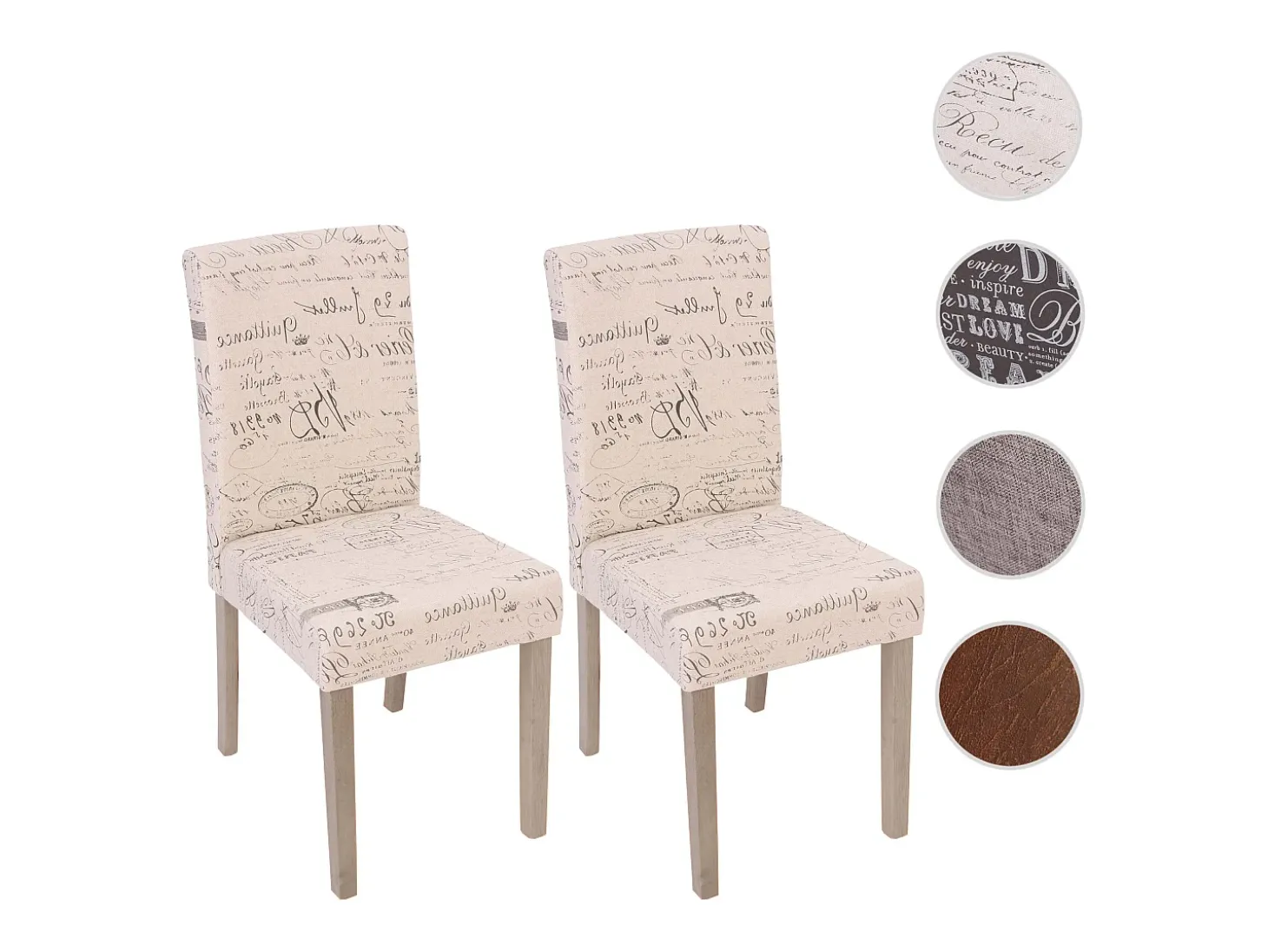 Silla de comedor Littau (set de 2), textil con letras, crema, patas estructura - roble