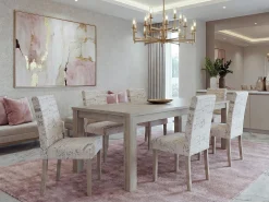 Silla de comedor Littau Schrift (juego de 6), Tejido con inscripción, color crema, estructura de las patas: roble