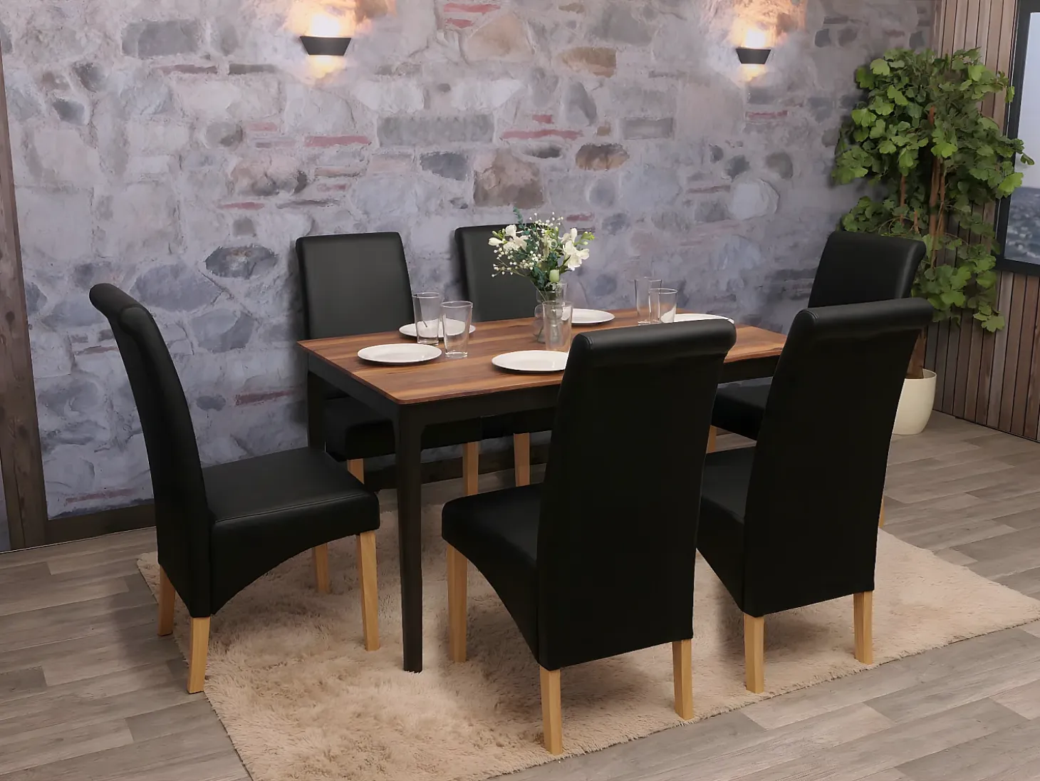 Silla de comedor M37 (juego de 6), piel sintética mate, negra, patas claras