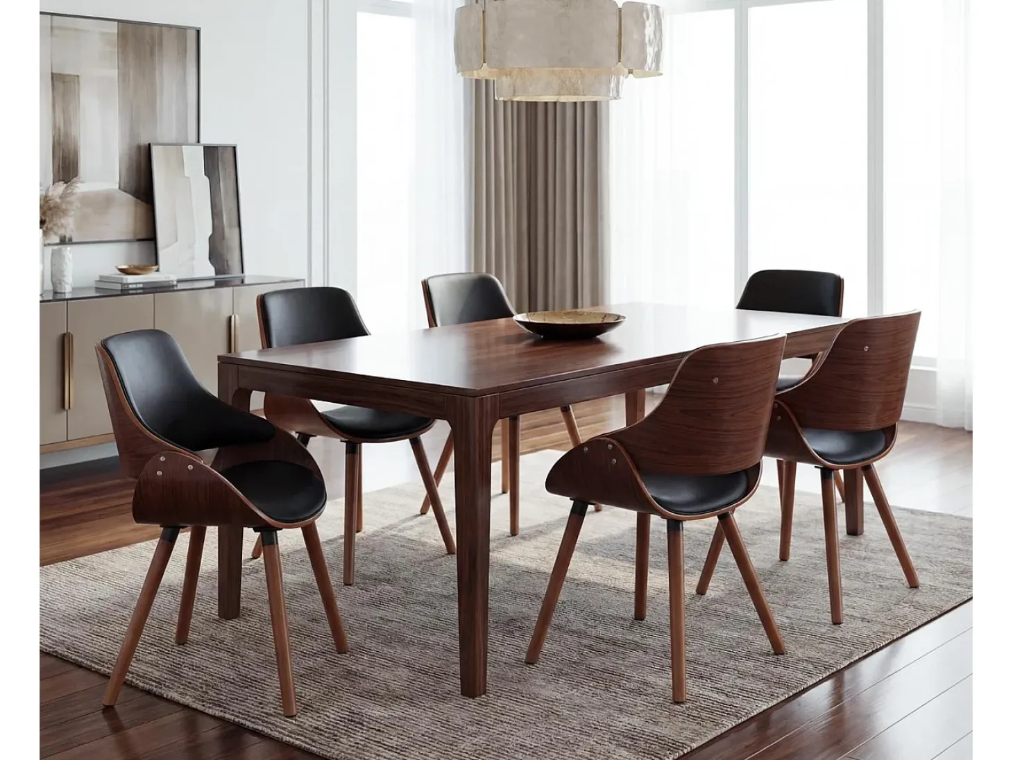 Silla de comedor MCW-D23 (juego de 6), Cuero sintético negro