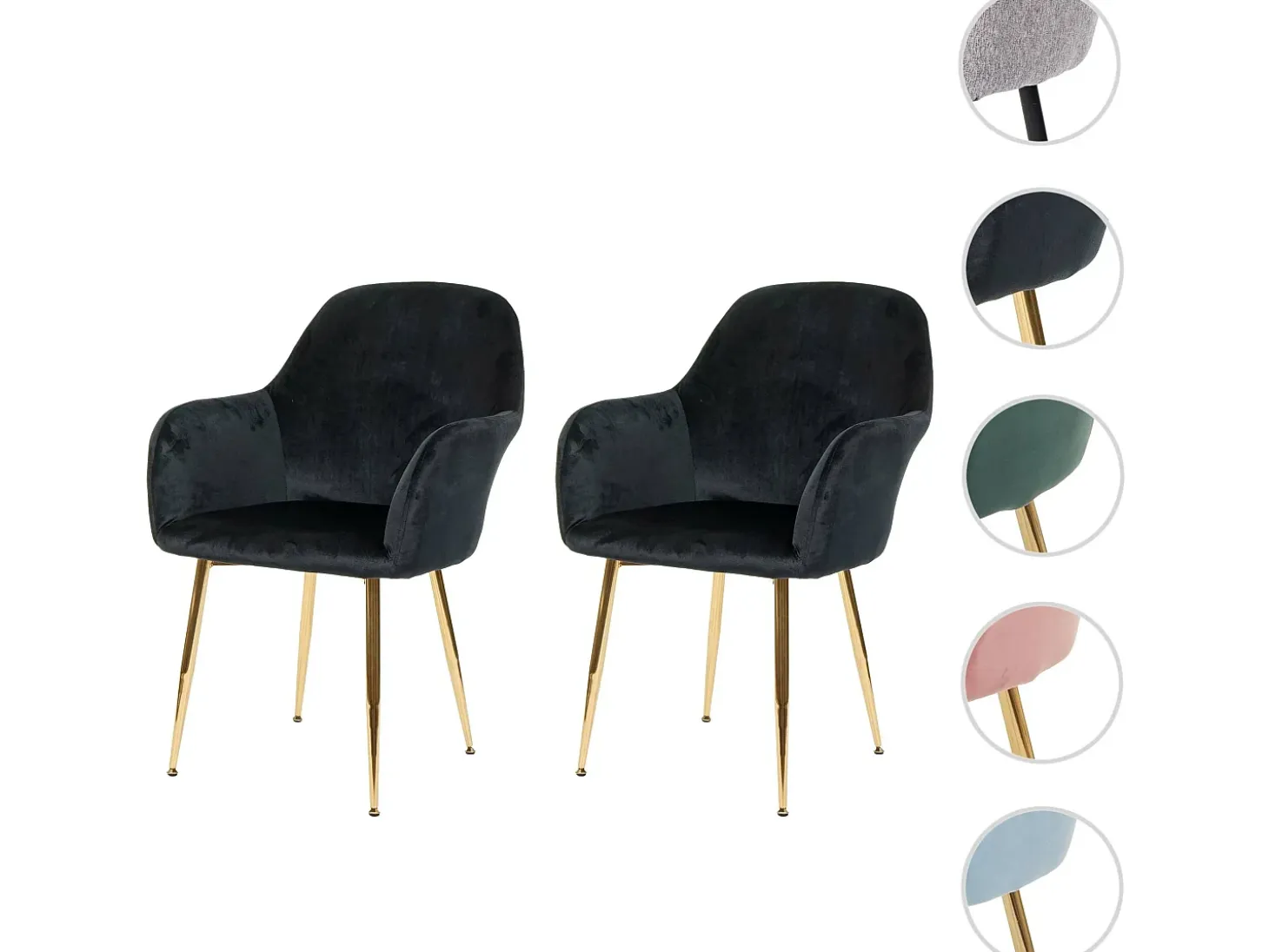 Silla de comedor MCW-F18 (set de 2), terciopelo negro, patas doradas