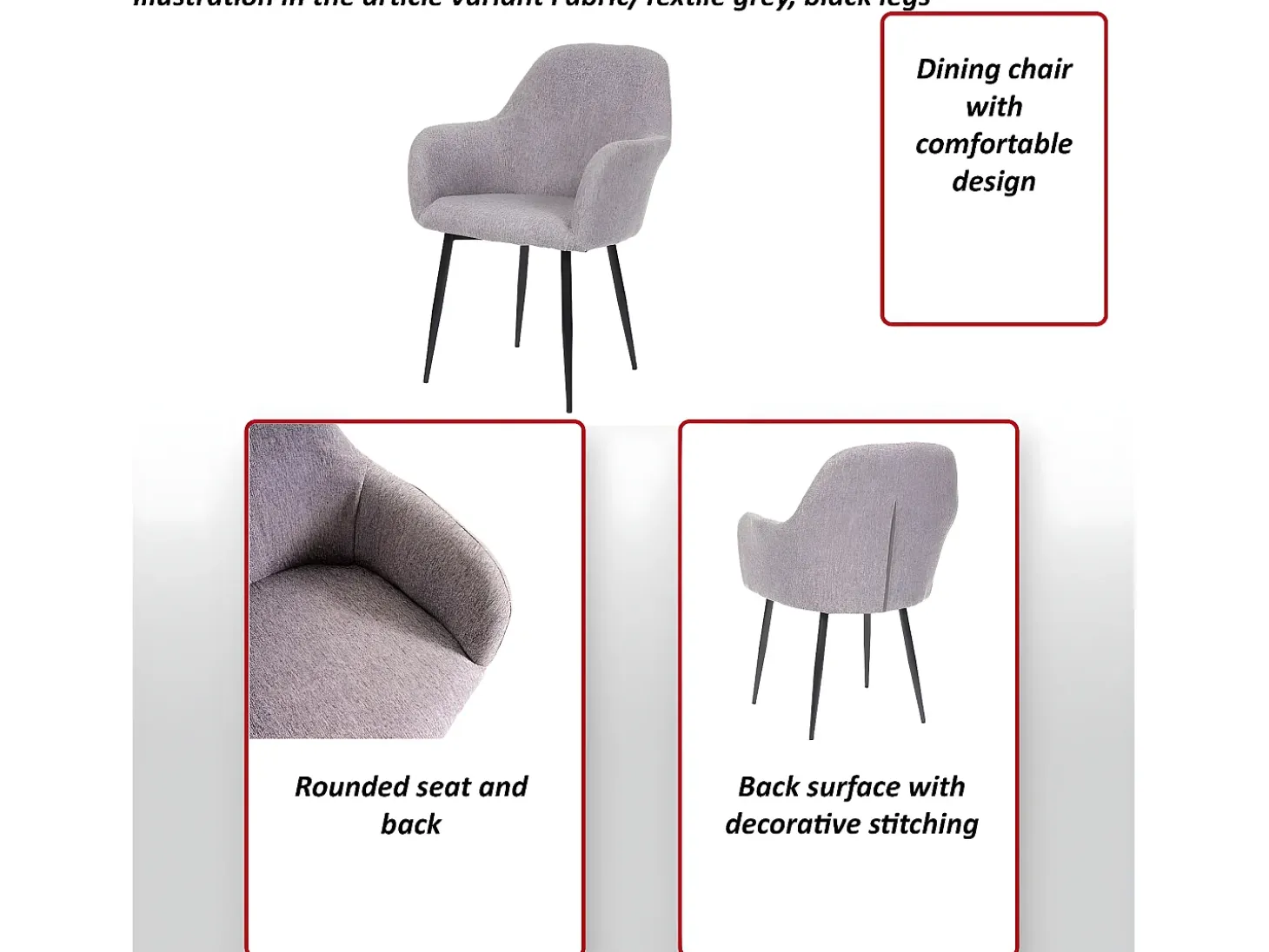 Silla de comedor MCW-F18 (set de 2), tela/textil gris, patas negras