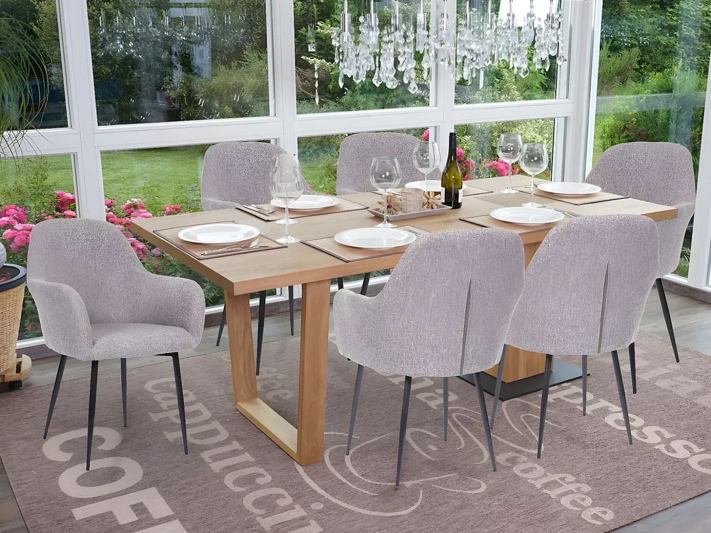 Silla de comedor MCW-F18 (set de 2), tela/textil gris, patas negras