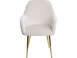 Silla de comedor MCW-F18 (set de 2), terciopelo crema-blanco, patas doradas