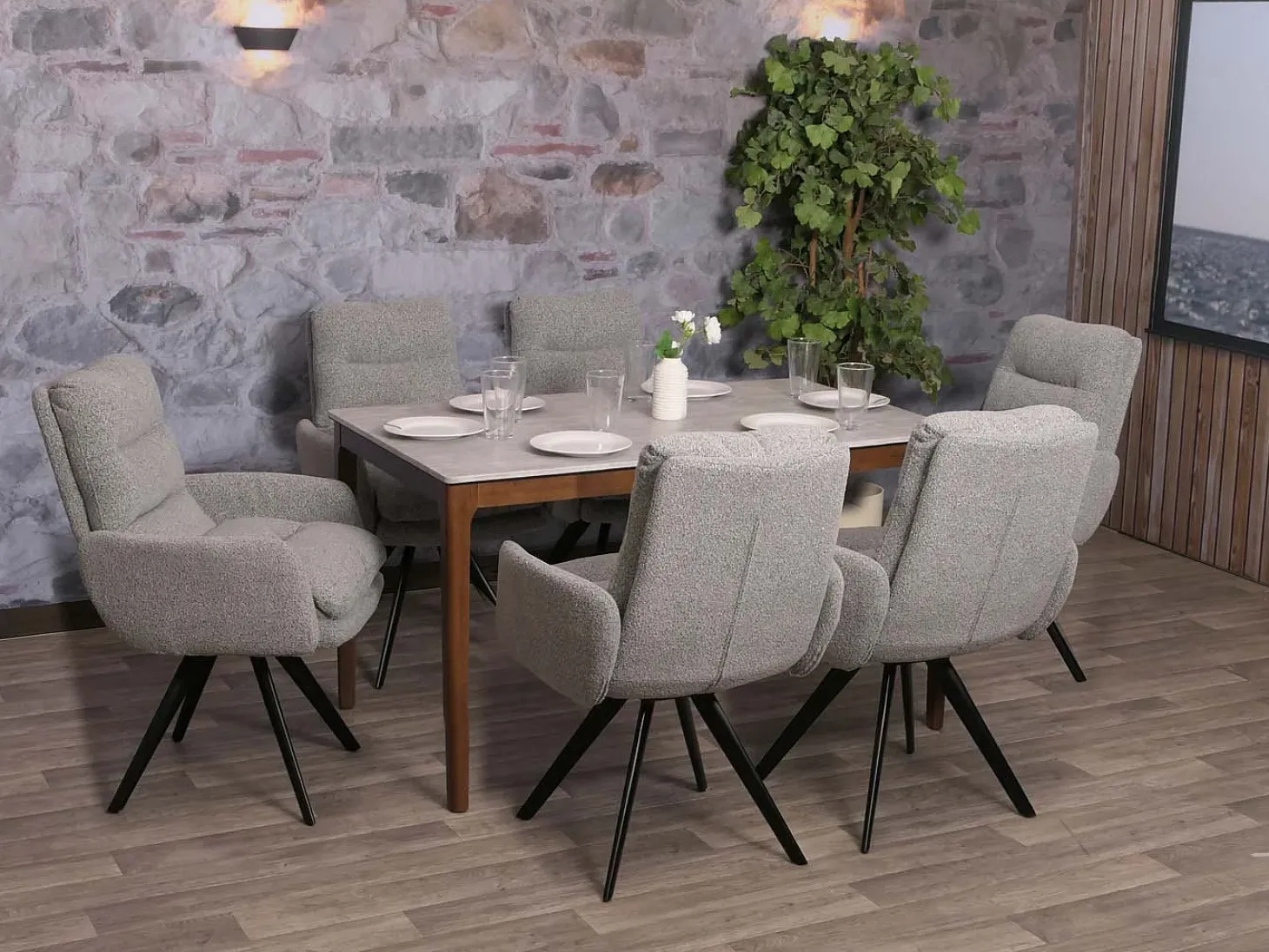 Silla de comedor MCW-G66 Bouclé, gris claro, con reposabrazos