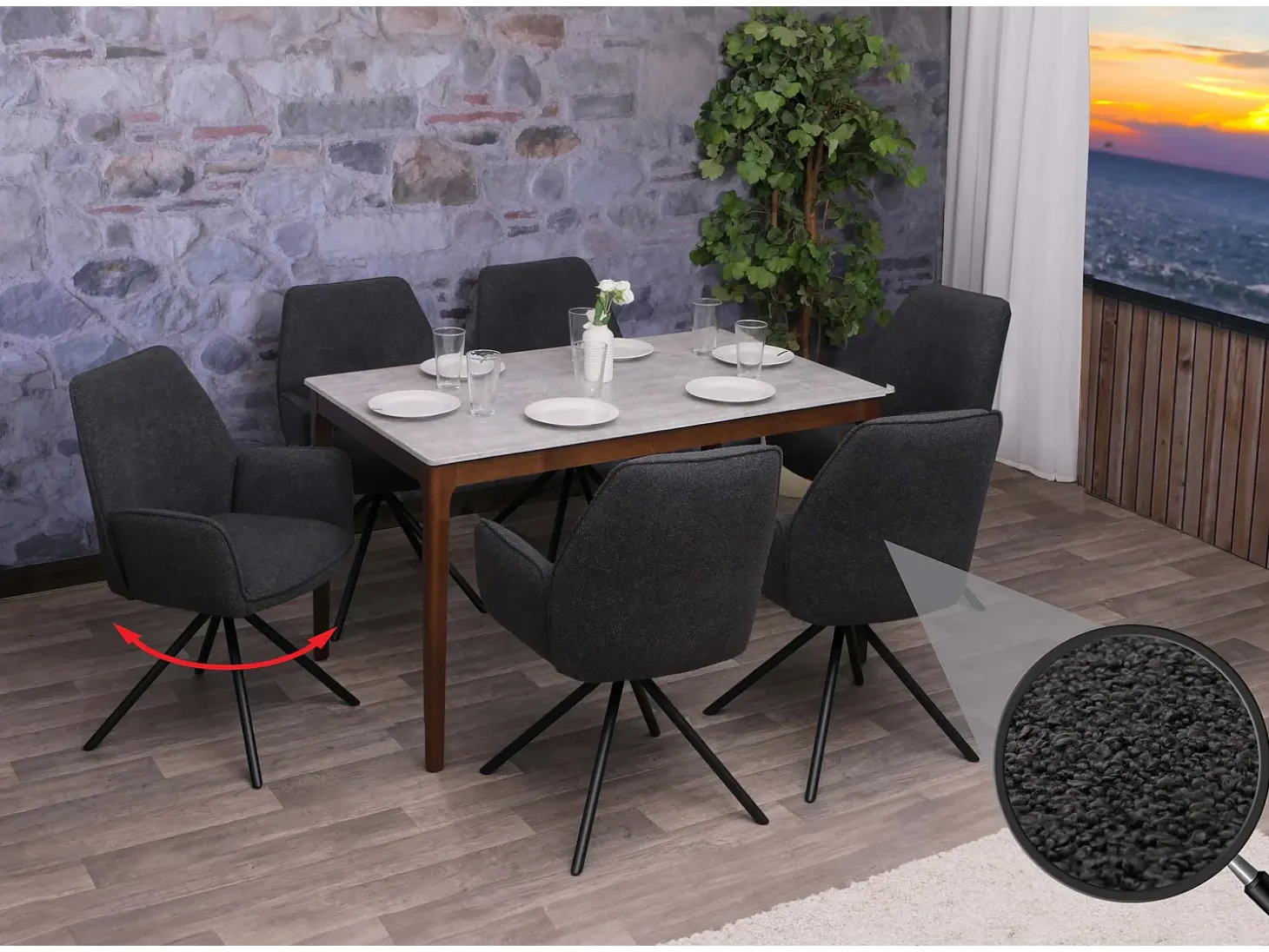 Silla de comedor MCW-G67 Bouclé (set de 6), gris oscuro