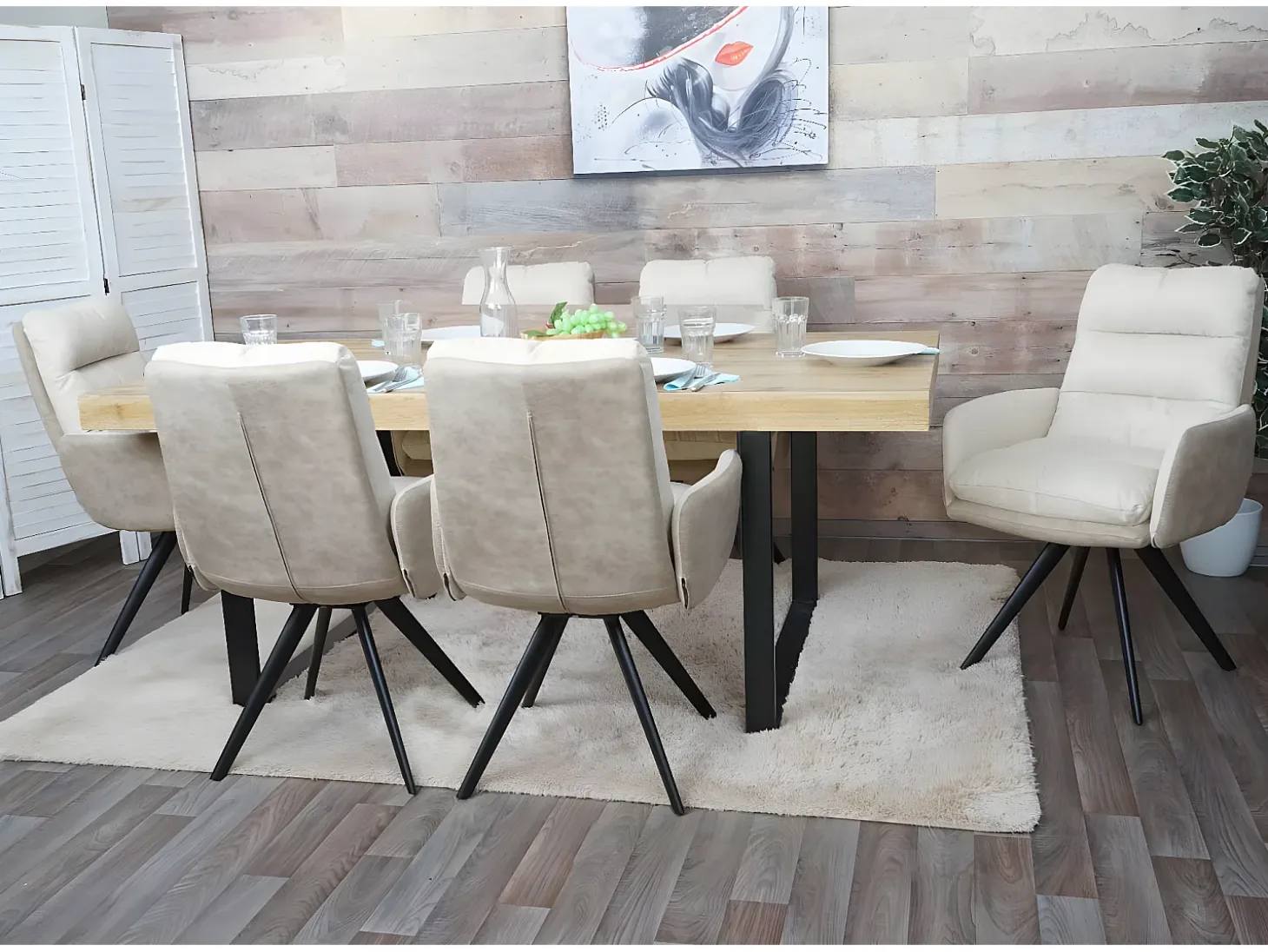 Silla de comedor MCW-G66 (juego de 6), crema, con reposabrazos